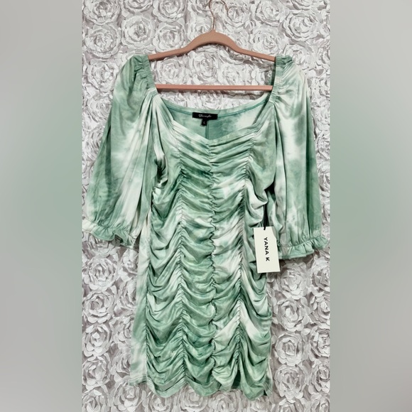NWT Yana K Venetian Mini Dress Sage Green Tie Dye Ruched Sz Large USA MSRP $128 - Picture 1 of 9